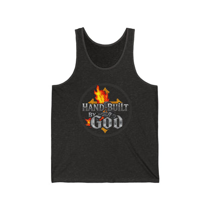 Men’s Christian Tank Top – Hand Built By God – Fire, Cross & Engine Design