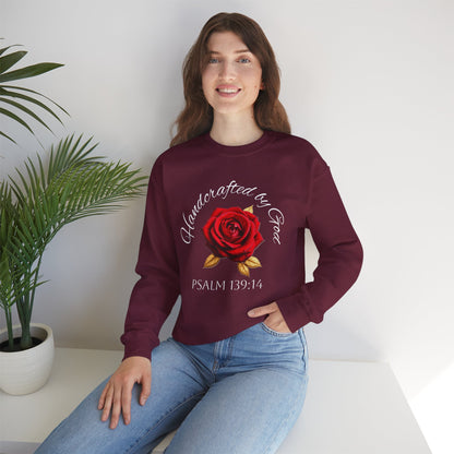 Handcrafted by God Rose Sweatshirt – White Lettering, Psalm 139:14