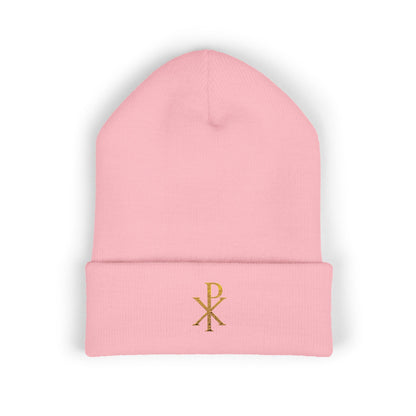 Radiant Faith Cuffed Beanie – Gold Chi Rho Embroidery