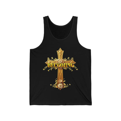 Becoming Women’s Tank Top – Gold Cross Edition (1 Corinthians 15:49