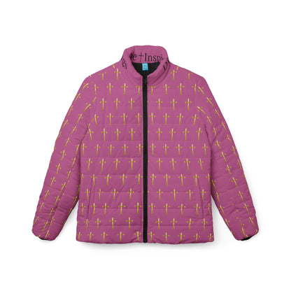 Golden Light Women’s Puffer Jacket in Pink – All-Over Cross Pattern