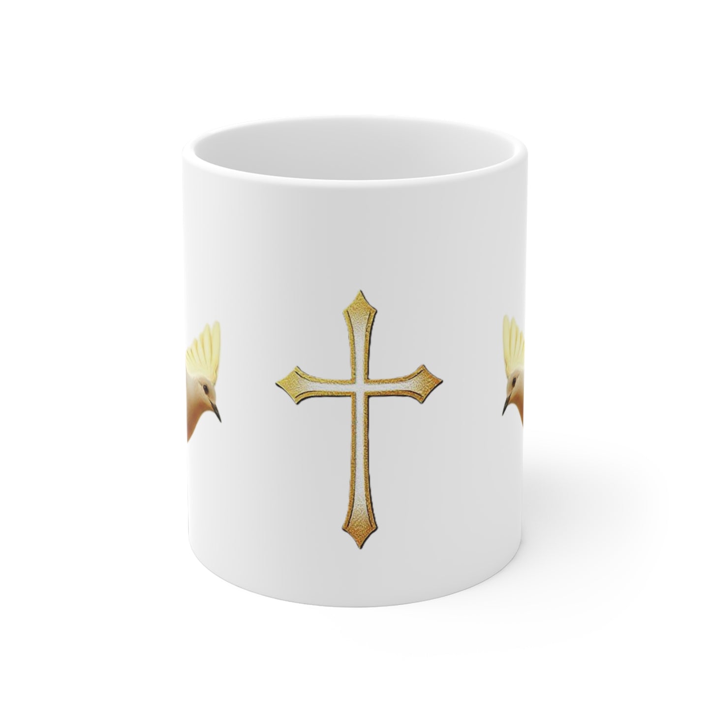 Gold Cross & Dove Mug – Peace and Faith in Every Sip