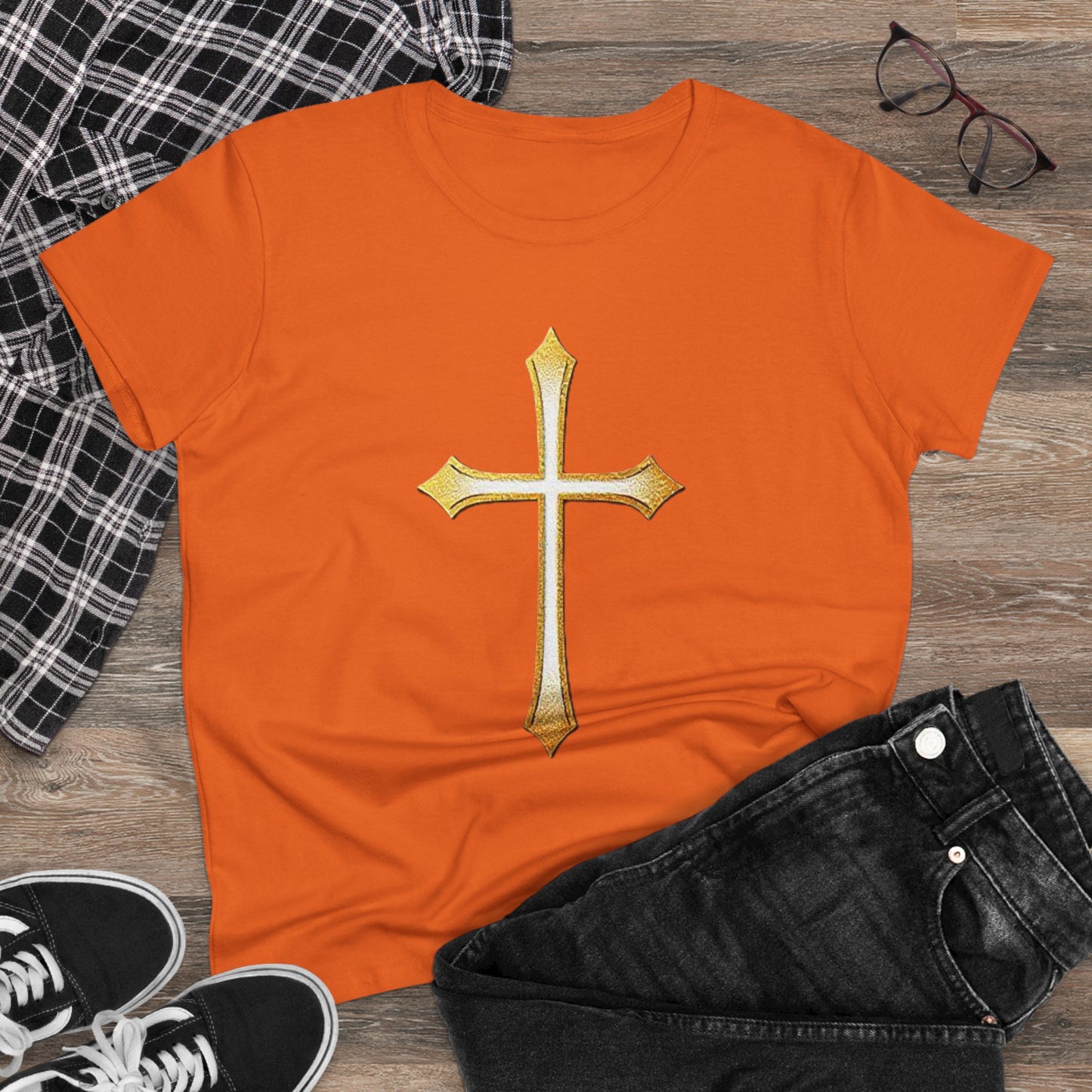 Women’s Gold Cross Tee – Christian Faith Shirt with Bold Cross Design