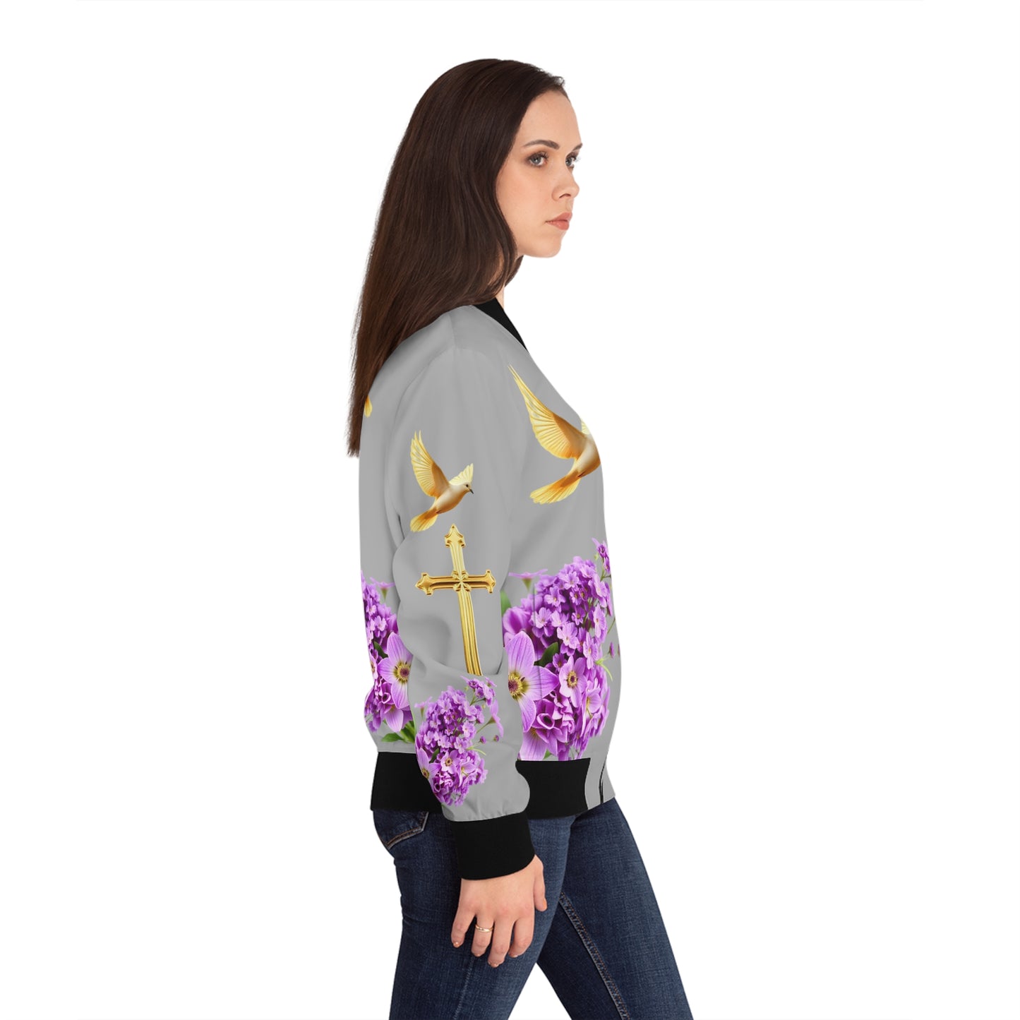 Heavenly Ascent – Gold Cross & Doves Women’s Bomber Jacket in Grey