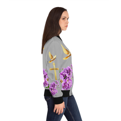 Heavenly Ascent – Gold Cross & Doves Women’s Bomber Jacket in Grey