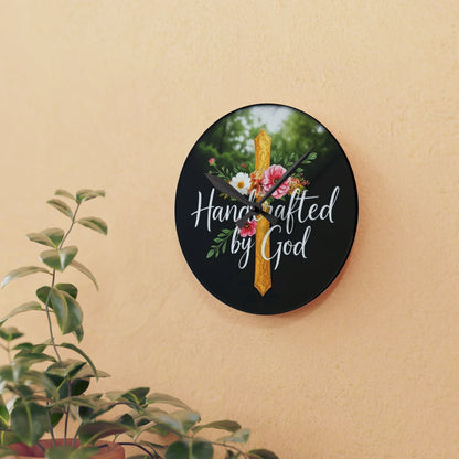 "Handcrafted by God" Wooden Wall Clock – Inspirational Faith Decor