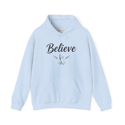 Women’s Believe Christian Hoodie – Praying Hands & Romans 10:9