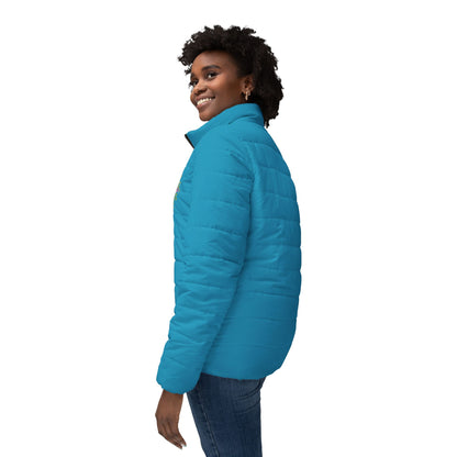 Blooming Faith Women’s Puffer Jacket in Turquoise – Floral Cross Crest