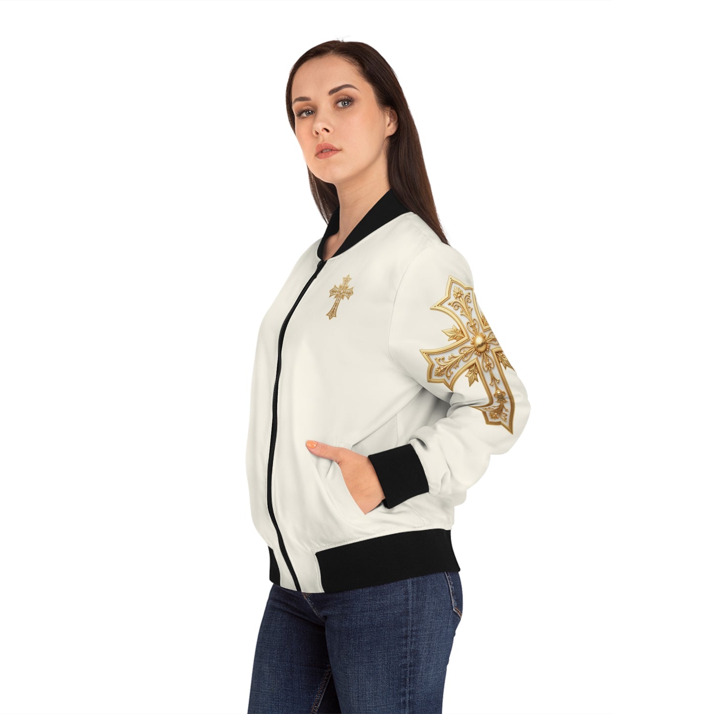 Christ is King (Lion of Judah) - Women's Christian Bomber Jacket (Cream)