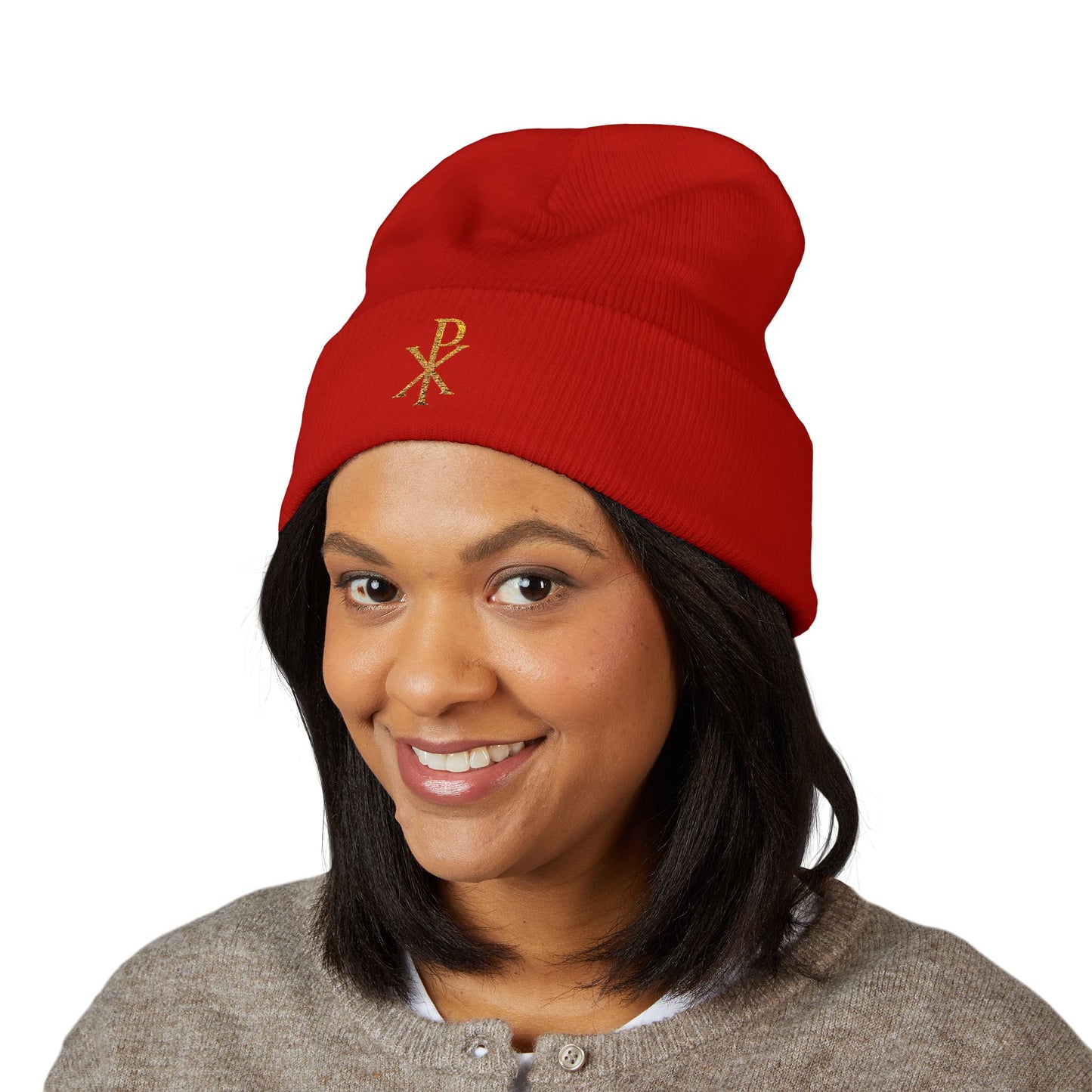 Radiant Faith Cuffed Beanie – Gold Chi Rho Embroidery
