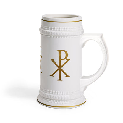 Gold Chi Rho Christian Beer Stein – 22 oz Ceramic Faith Stein