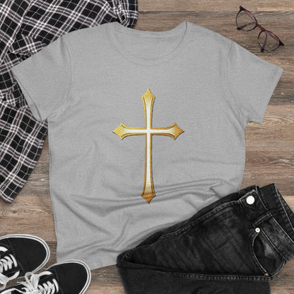 Women’s Gold Cross Tee – Christian Faith Shirt with Bold Cross Design