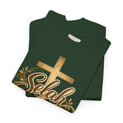 Selah Cross Tee — Women's Christian T‑Shirt with Gold Script
