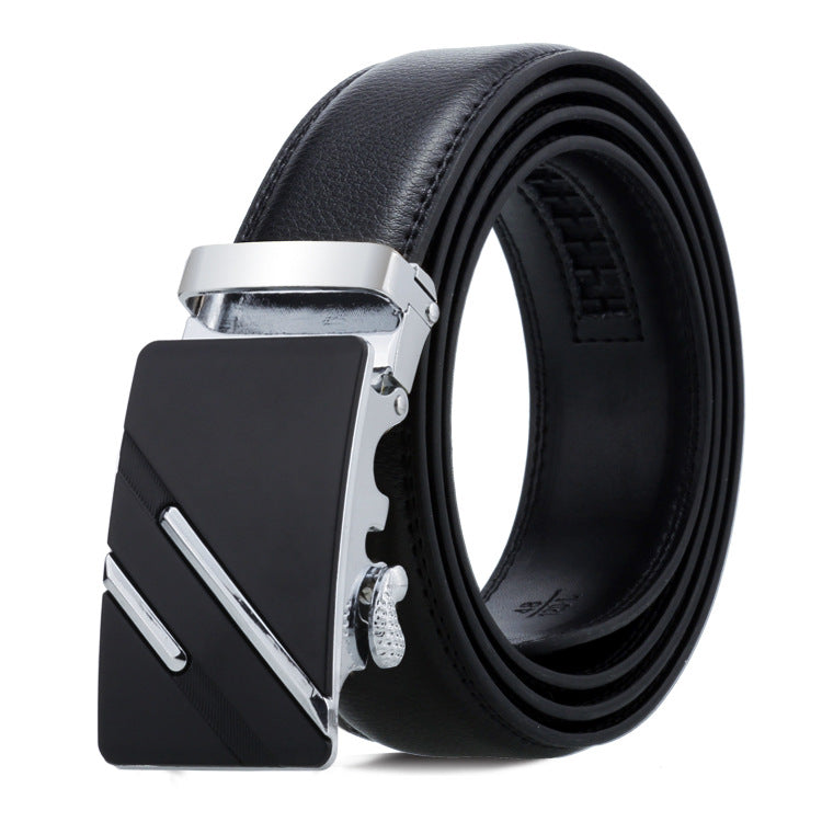 Black leather belt with silver buckle on a white background