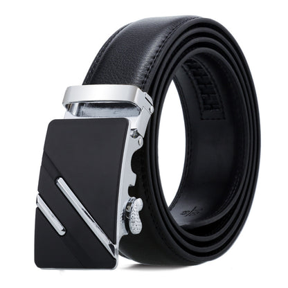 Black leather belt with silver buckle on a white background