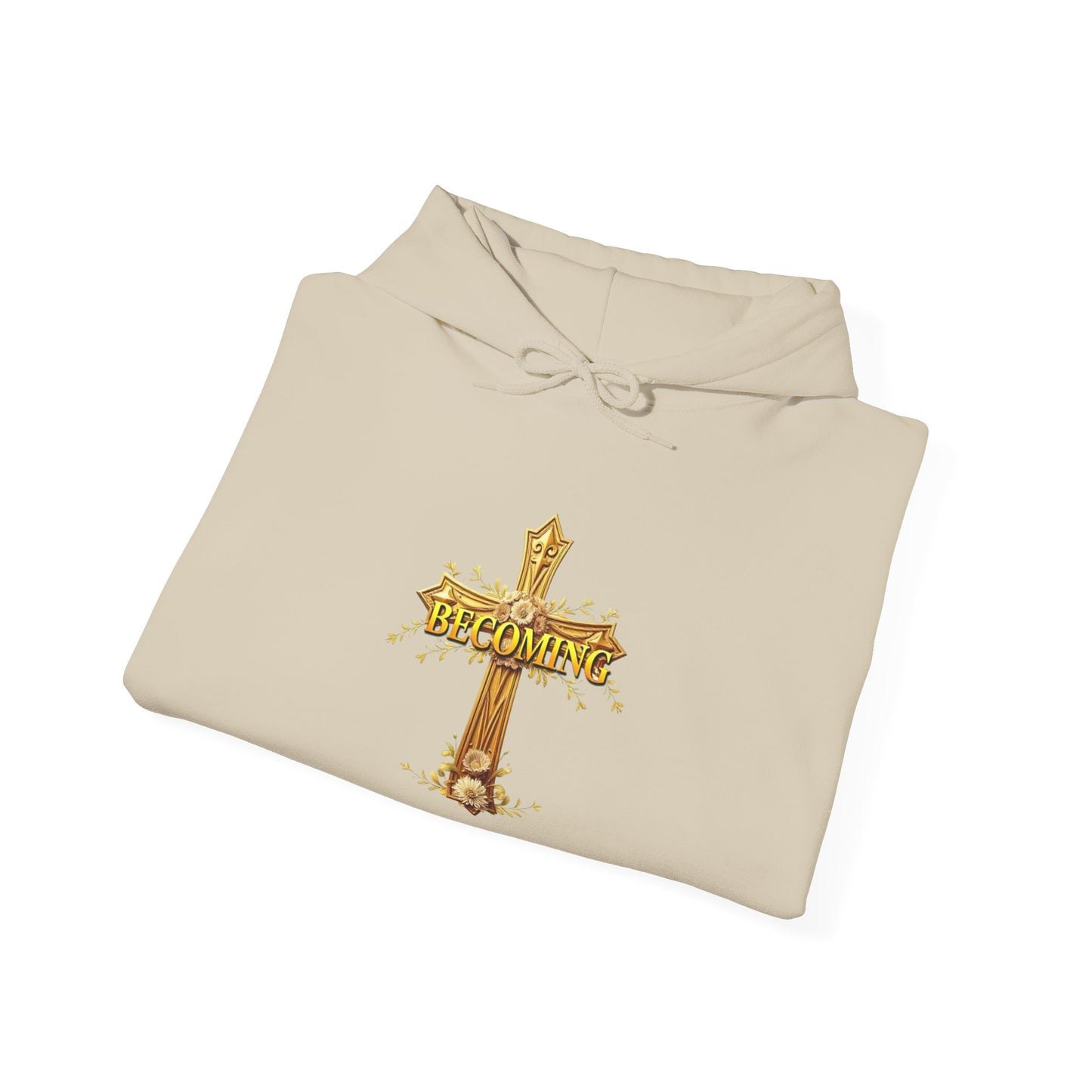 Becoming Women’s Faith Hoodie – Gold Cross Edition (1 Corinthians 15:49)