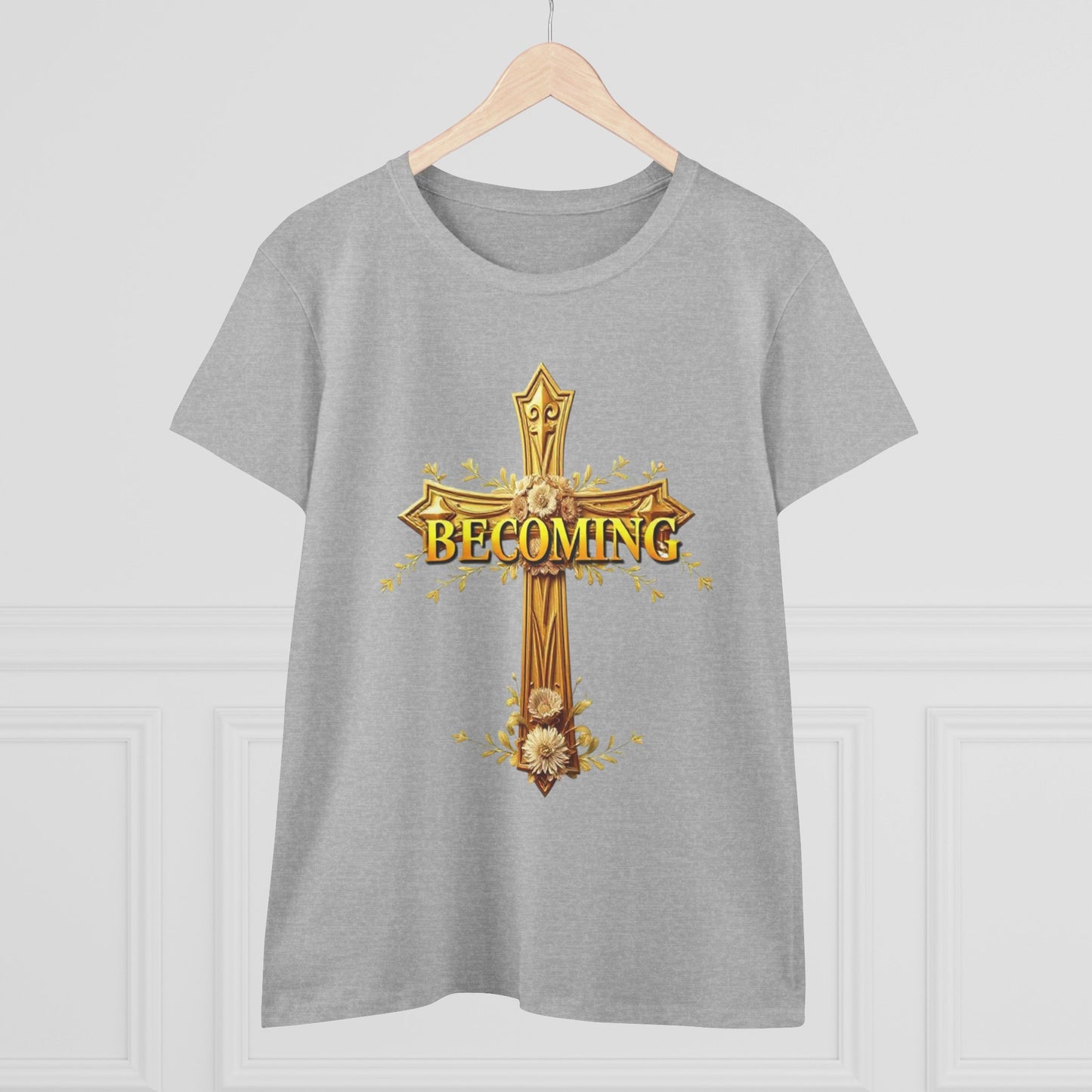 Becoming Women’s Faith Tee – Gold Cross Edition (Dark Lettering, 1 Corinthians 15:49)