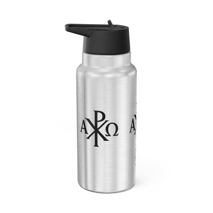 Enduring Faith Stainless Steel Gator Tumbler – Black Chi Rho with Alpha & Omega