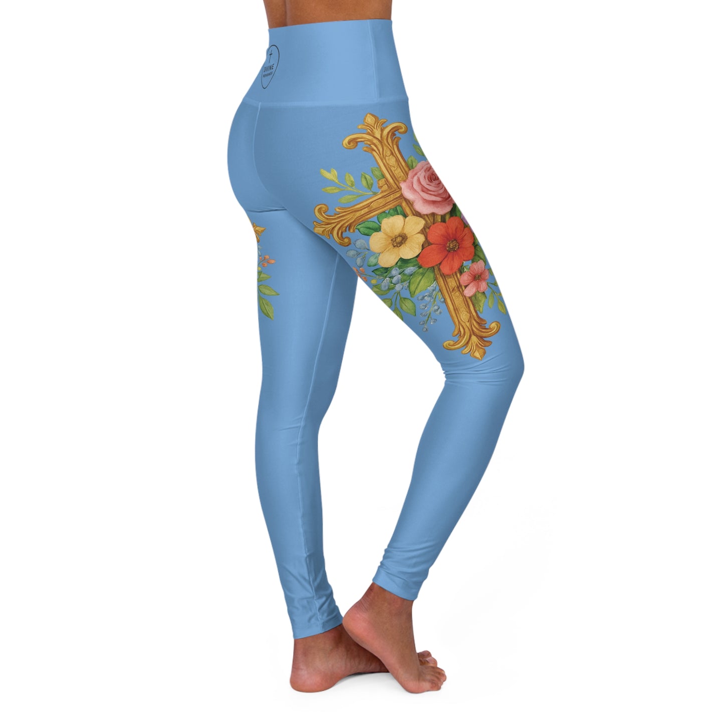 Floral Cross Graceful Fit High-Waisted Leggings in Light Blue - Christian Women's Apparel