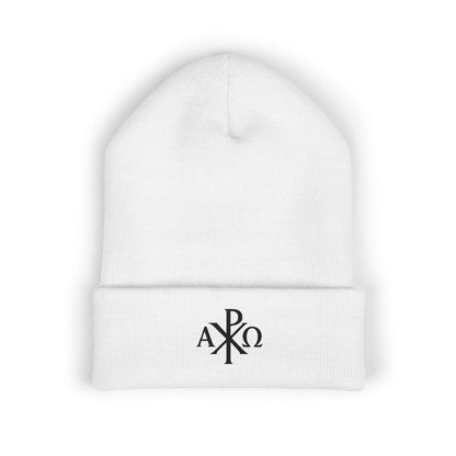 Eternal Light Cuffed Beanie – Black Chi Rho with Alpha & Omega