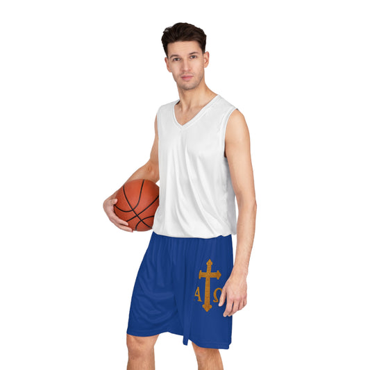 Men’s Alpha & Omega Basketball Shorts in Blue – Faith-Inspired Symbolism