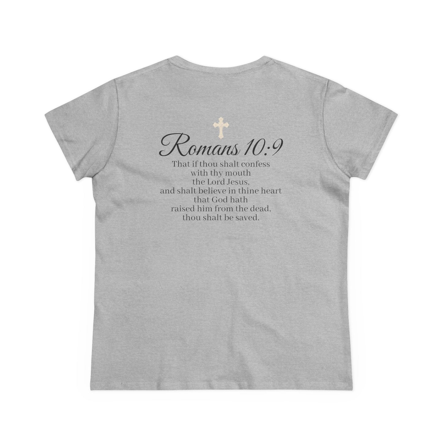 Believe – Women’s Christian Tee with Praying Hands & Romans 10:9