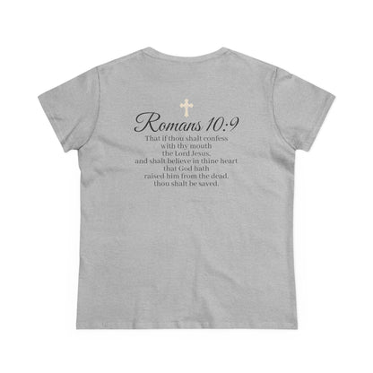 Believe – Women’s Christian Tee with Praying Hands & Romans 10:9