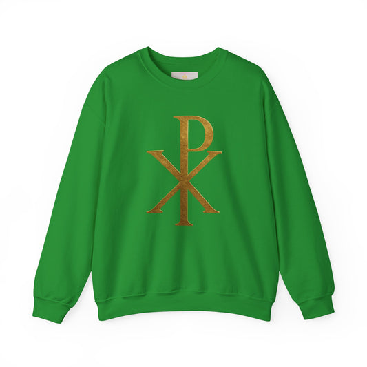 Christ Victorious Sweatshirt – Gold Chi Rho Emblem of Eternal Triumph