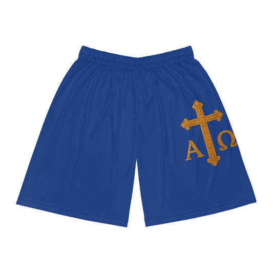 Men’s Alpha & Omega Basketball Shorts in Blue – Faith-Inspired Symbolism