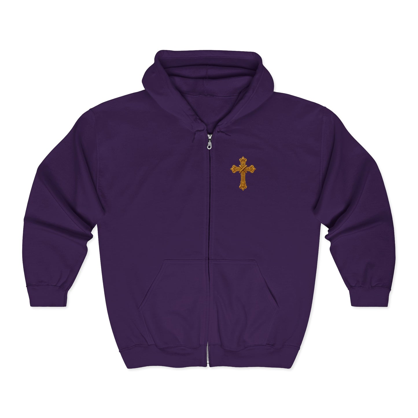 Men’s Ornate Gold Cross Zip-Up Hoodie – Spiritual Elegance & Comfort