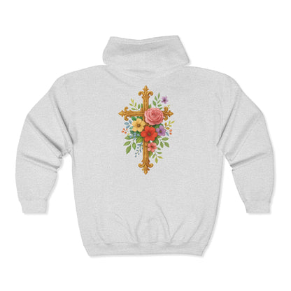Blooming Faith Women's Zip-Up Hoodie with Floral Cross Design