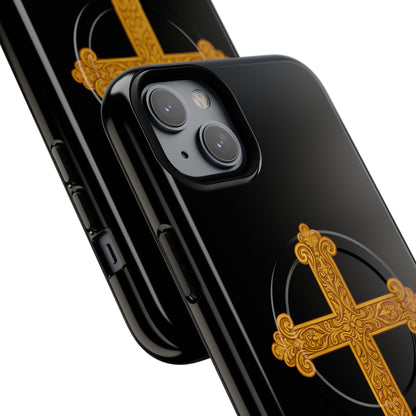 Gold Cross on Black Magnetic Tough Case for iPhone – Strength in Faith