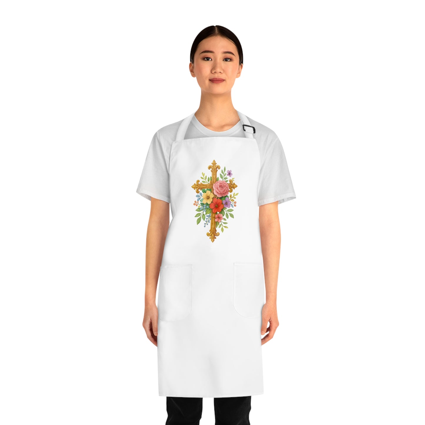 Floral Cross Christian Kitchen Apron – Faith & Beauty in Every Meal