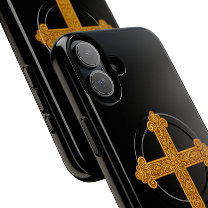 Gold Cross on Black Magnetic Tough Case for iPhone – Strength in Faith