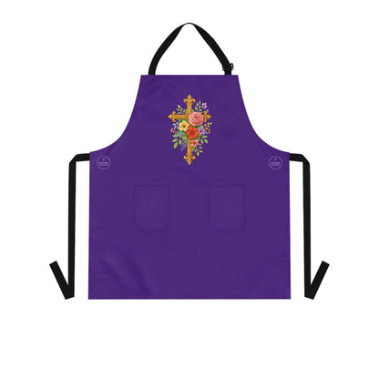 Floral Cross Christian Kitchen Apron in Purple – Faith & Beauty in Every Meal