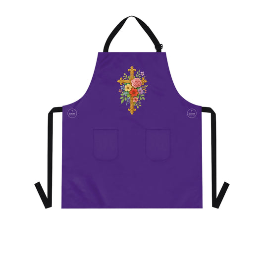 Floral Cross Christian Kitchen Apron in Purple – Faith & Beauty in Every Meal