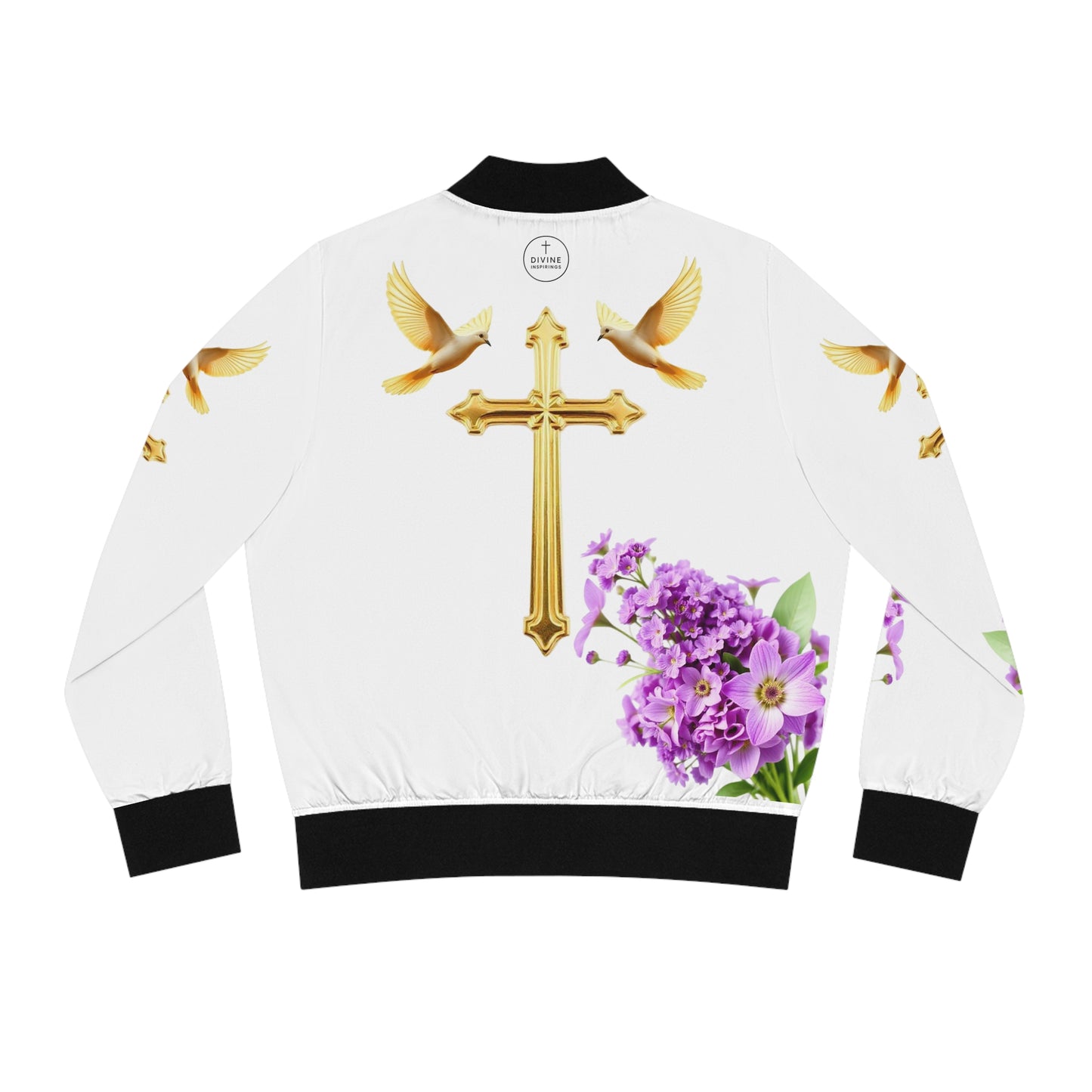 Heavenly Ascent – Gold Cross & Doves Women’s Bomber Jacket