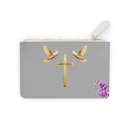 “Heaven’s Embrace” | Women’s Mini Clutch in Grey – Gold Cross with Flying Doves