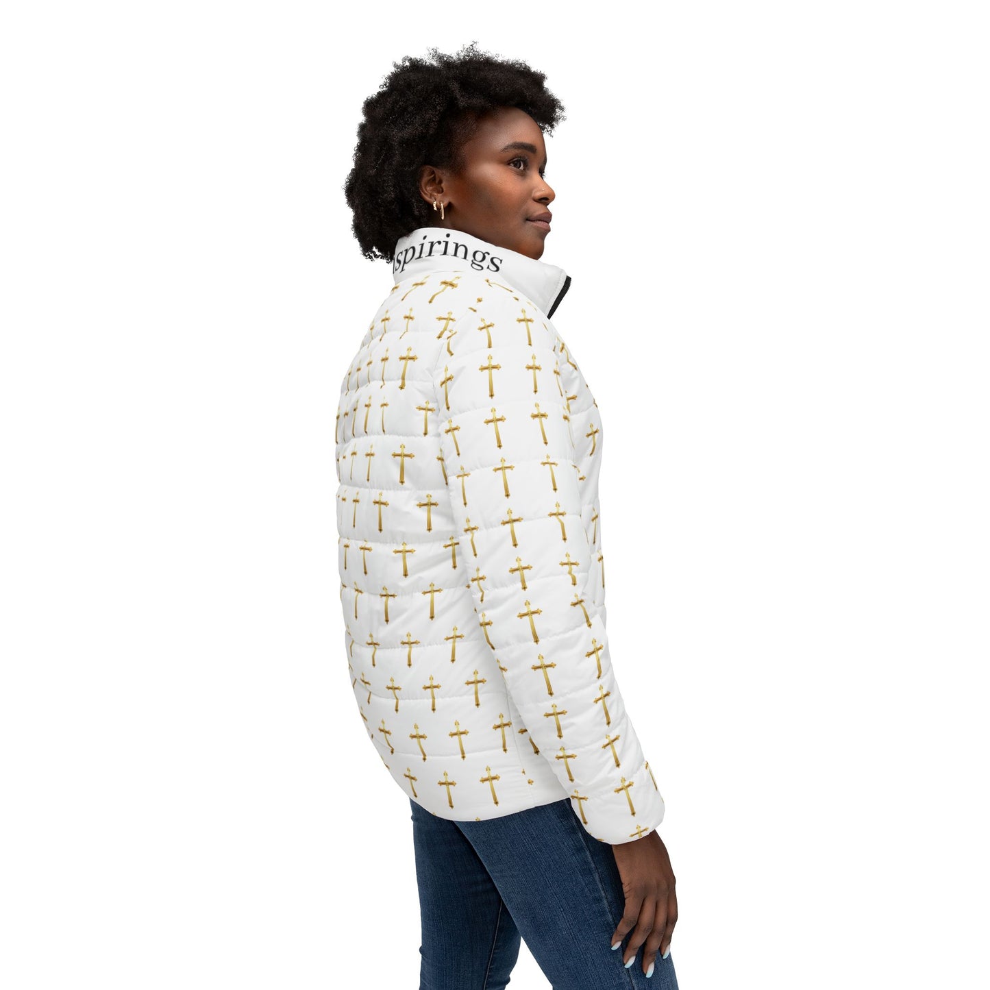 Golden Light Women’s Puffer Jacket – All-Over Cross Pattern