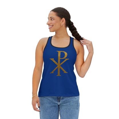 Chi Rho Women’s Christian Tank Top in Blue – Symbol of Victory in Christ
