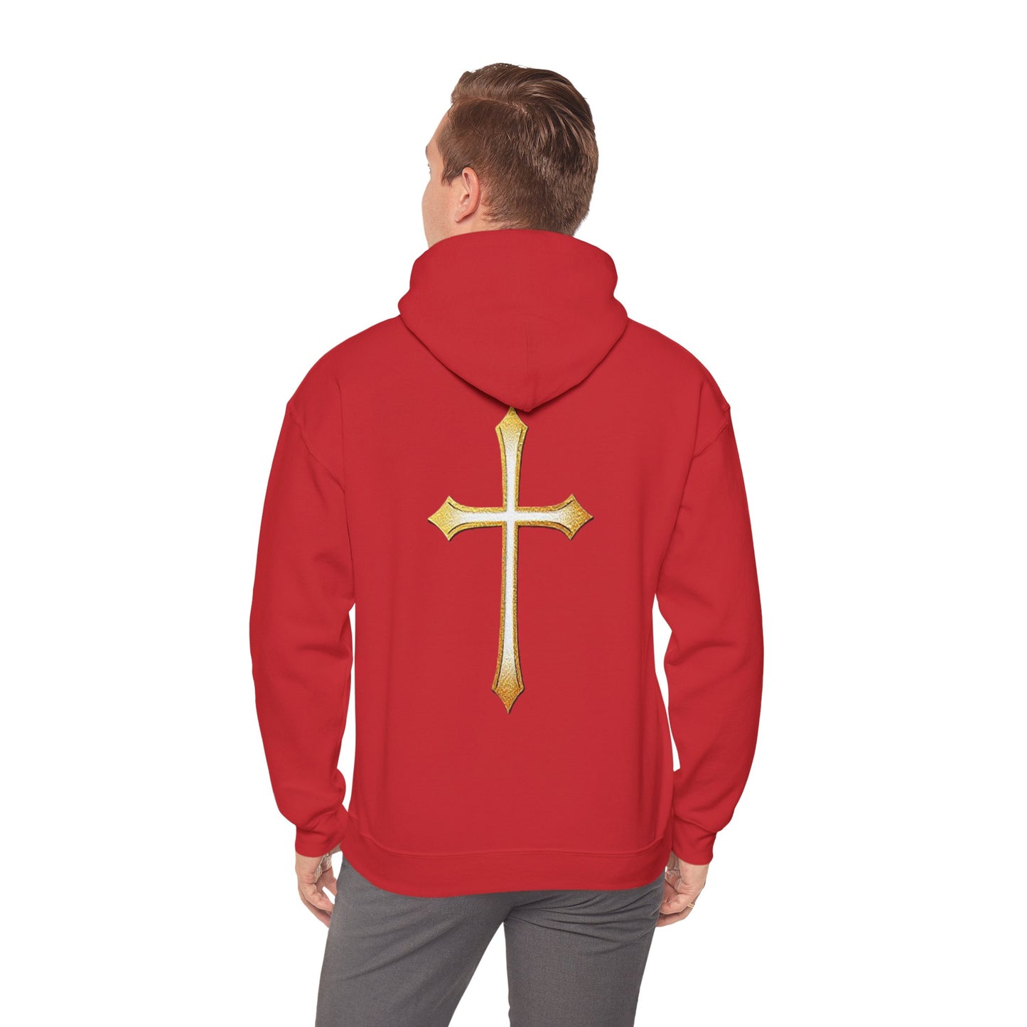 Men’s Gold Cross Hoodie – Bold Christian Faith Hoodie with Front & Back Design