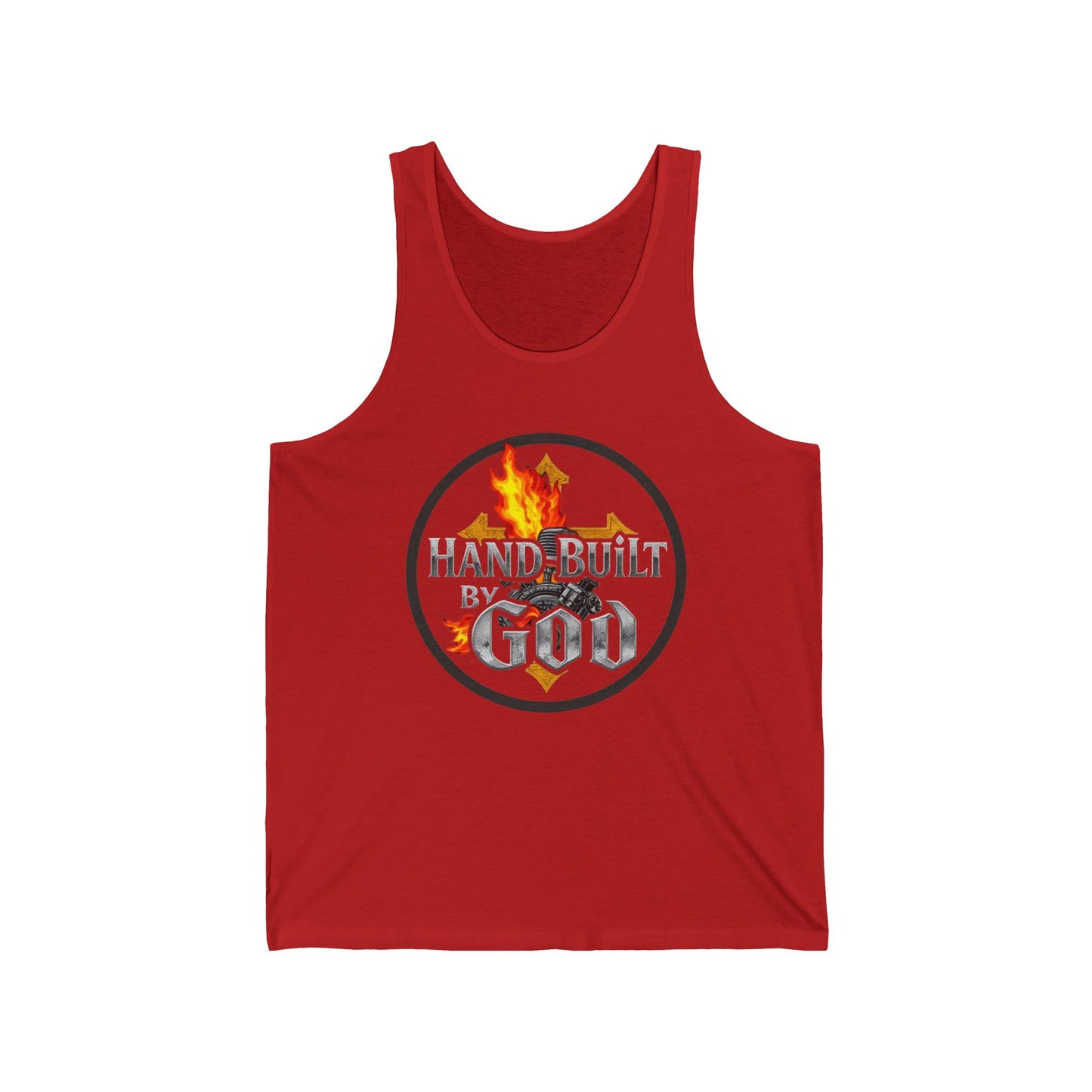 Men’s Christian Tank Top – Hand Built By God – Fire, Cross & Engine Design