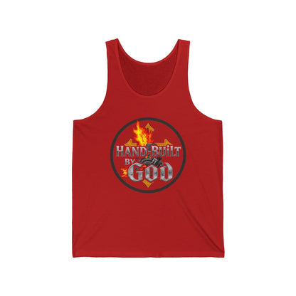 Men’s Christian Tank Top – Hand Built By God – Fire, Cross & Engine Design