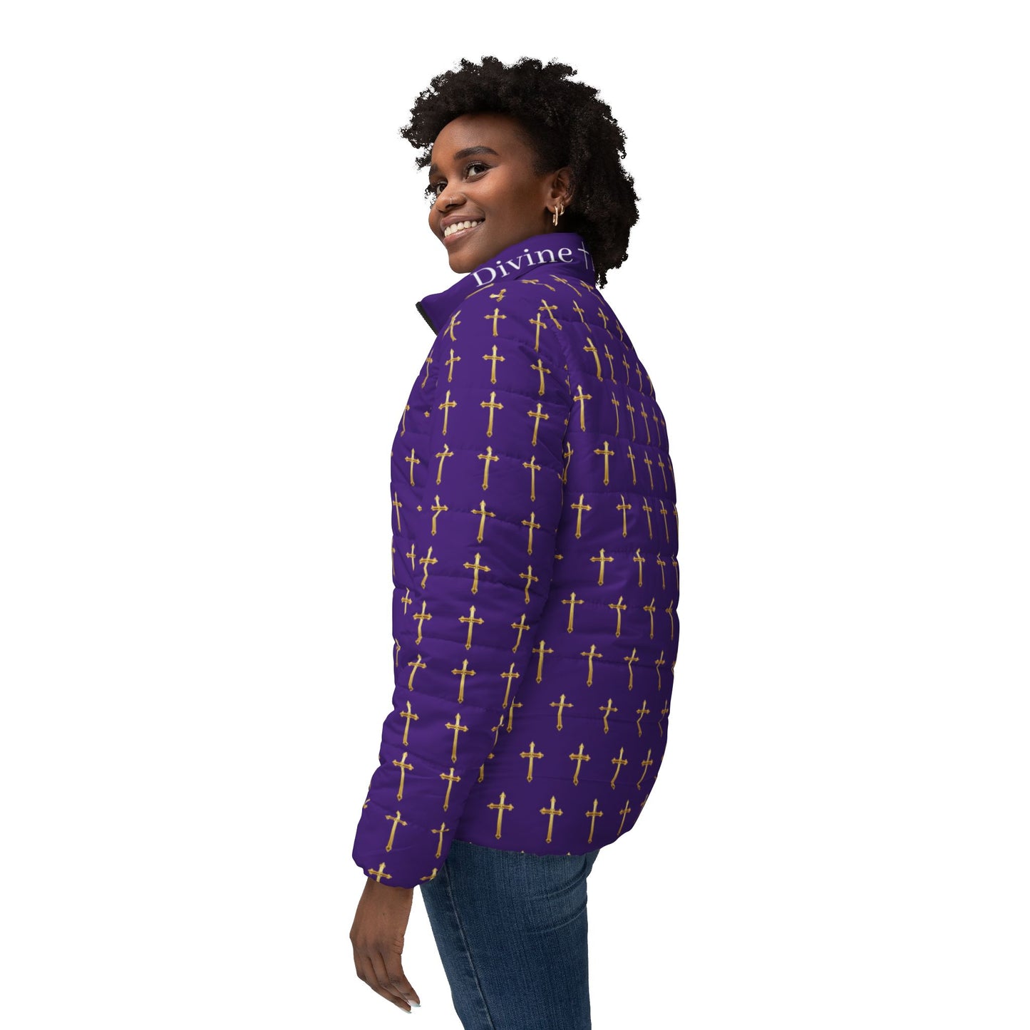 Golden Light Women’s Puffer Jacket in Purple – All-Over Cross Pattern