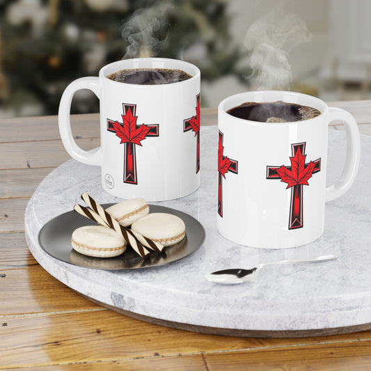 Canadian Faith Cross & Maple Leaf Mug – 11oz & 15oz Christian Coffee Cup