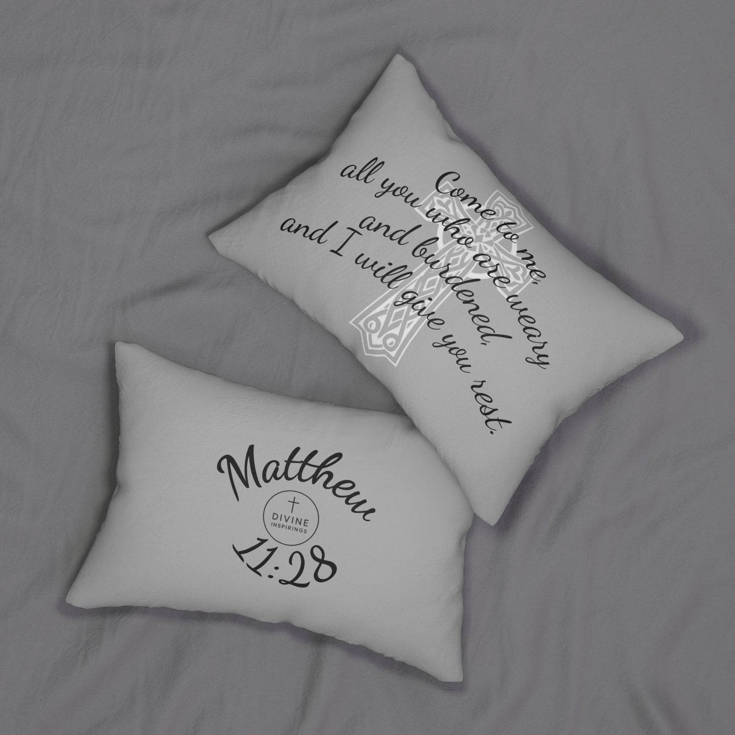 Matthew 11:28 Lumbar Pillow – Rest for the Weary (Literally in grey!)