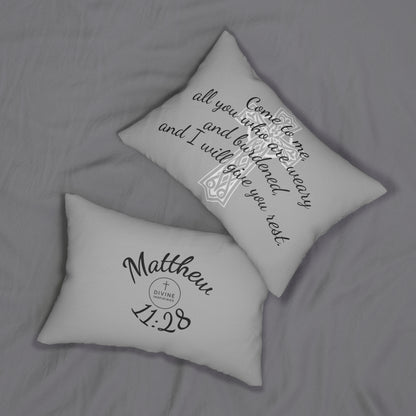 Matthew 11:28 Lumbar Pillow – Rest for the Weary (Literally in grey!)