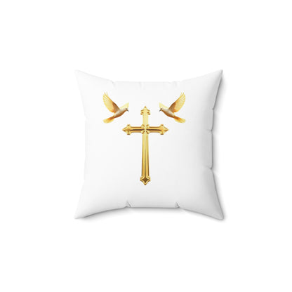 Soaring in Faith – Gold Cross & Doves Throw Pillow