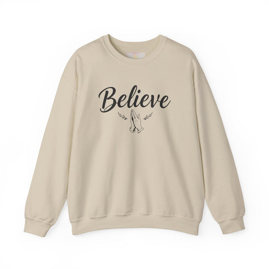 Women’s Believe Christian Sweatshirt – Praying Hands & Romans 10:9