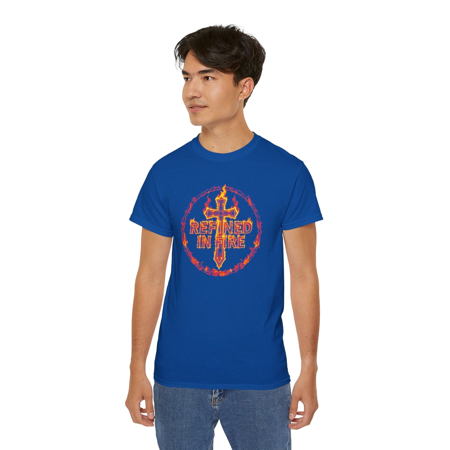 Men’s “Refined in Fire” Christian T-Shirt – Flame Text Spiritual Strength Tee